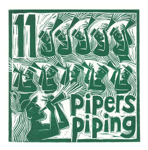 Eleven Pipers Piping Greetings Card lino cut by Kate Guy