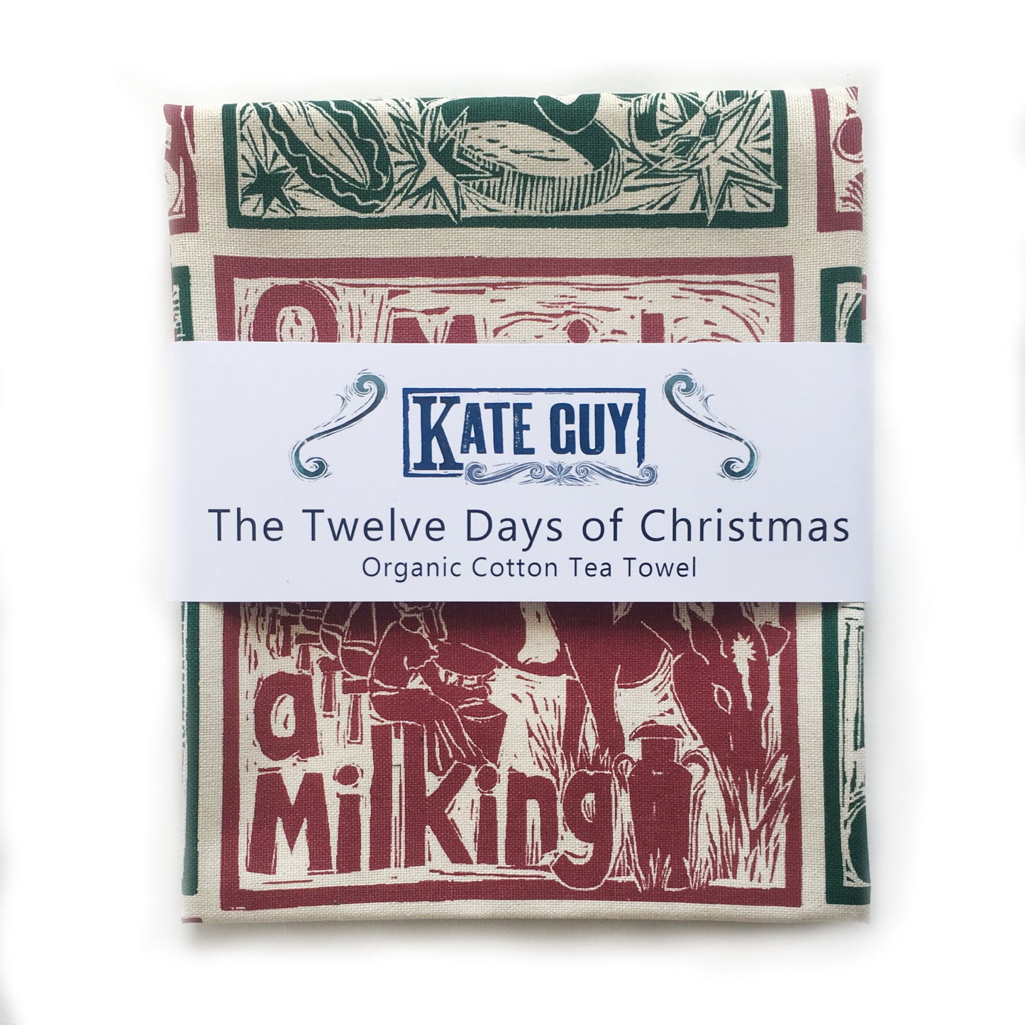Twelve Days of Christmas organic cotton tea towel, lino cut print by Kate Guy