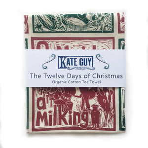 Twelve Days of Christmas organic cotton tea towel, lino cut print by Kate Guy