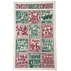 Twelve Days of Christmas organic cotton tea towel, lino cut print by Kate Guy