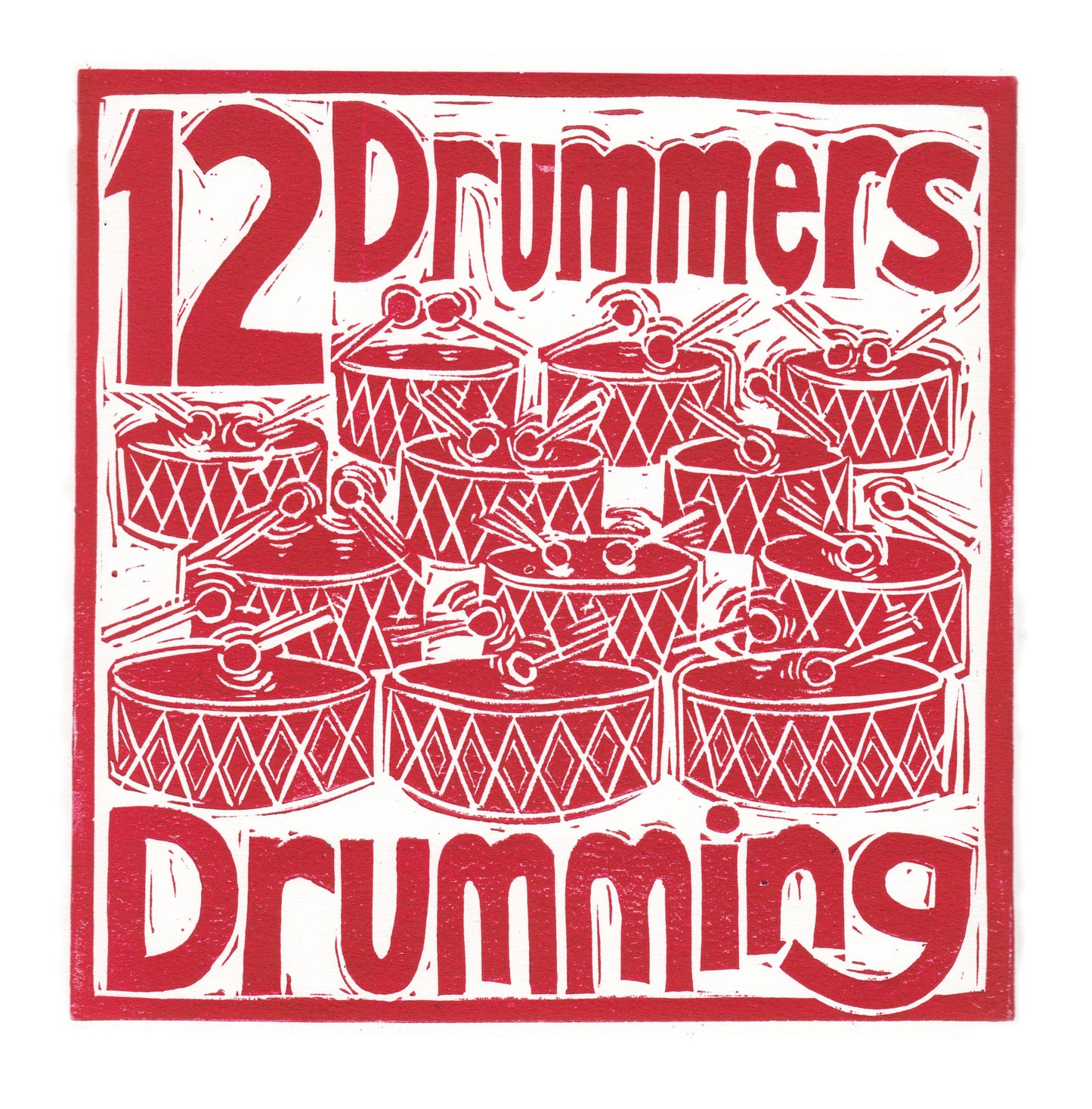 Twelve Drummers Drumming Greetings Card lino cut by Kate Guy