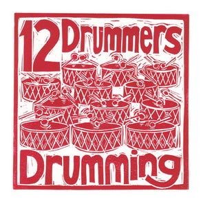 Twelve Drummers Drumming Greetings Card lino cut by Kate Guy