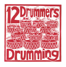 Load image into Gallery viewer, Twelve Drummers Drumming Greetings Card lino cut by Kate Guy

