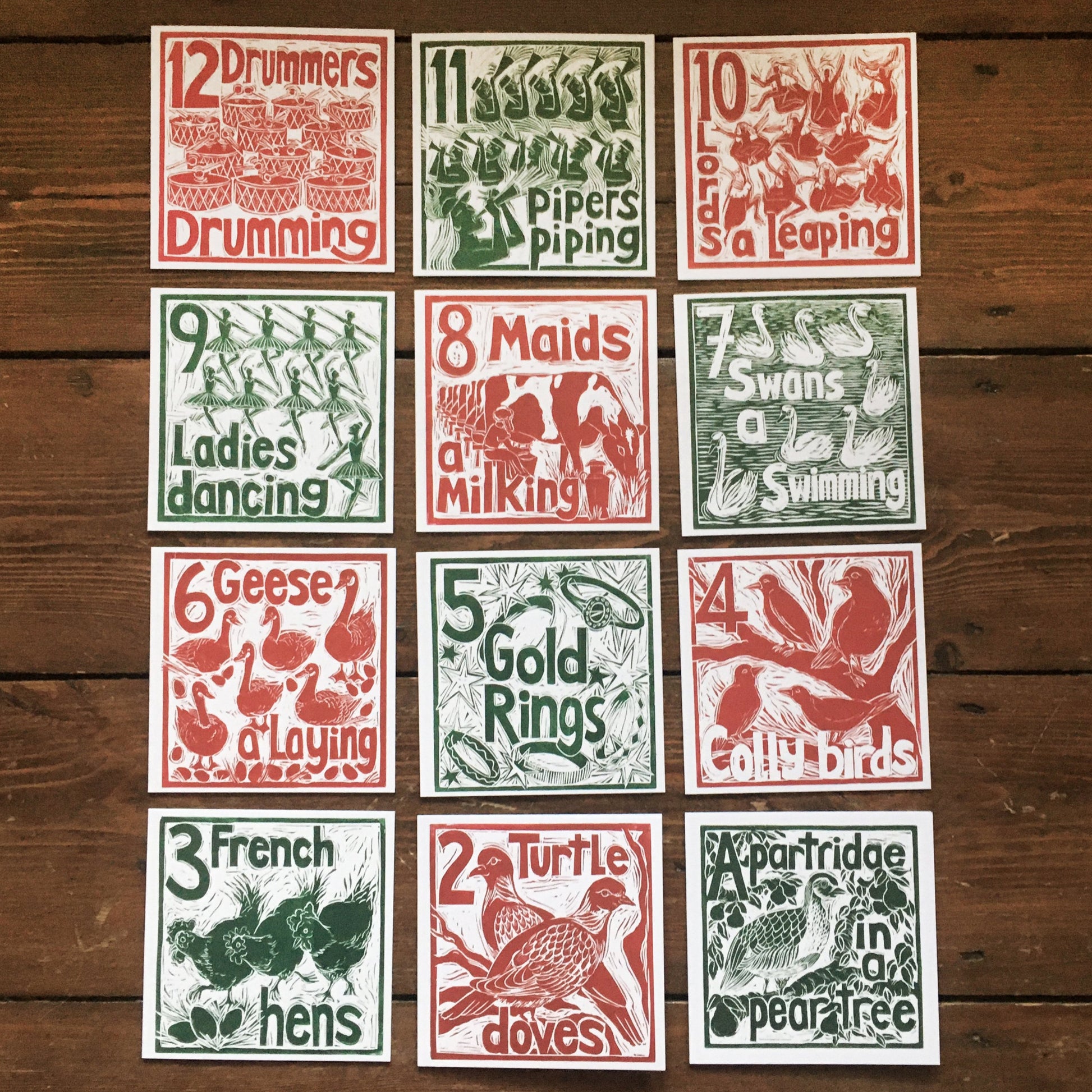 Set of 12  Greetings Cards of The Twelve Days of Christmas lino cut print by Kate Guy