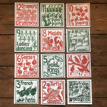 Load image into Gallery viewer, Set of 12  Greetings Cards of The Twelve Days of Christmas lino cut print by Kate Guy
