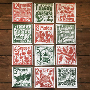 Set of 12  Greetings Cards of The Twelve Days of Christmas lino cut print by Kate Guy