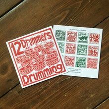 Load image into Gallery viewer, Twelve Drummers Drumming Greetings Card lino cut by Kate Guy
