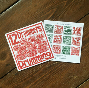 Twelve Drummers Drumming Greetings Card lino cut by Kate Guy
