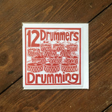 Load image into Gallery viewer, Twelve Drummers Drumming Greetings Card lino cut by Kate Guy
