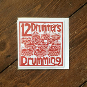 Twelve Drummers Drumming Greetings Card lino cut by Kate Guy