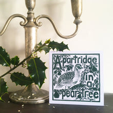 Load image into Gallery viewer, A Partridge in a pear tree greetings card lino cut by Kate Guy

