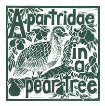 Load image into Gallery viewer, A Partridge in a pear tree greetings card lino cut by Kate Guy
