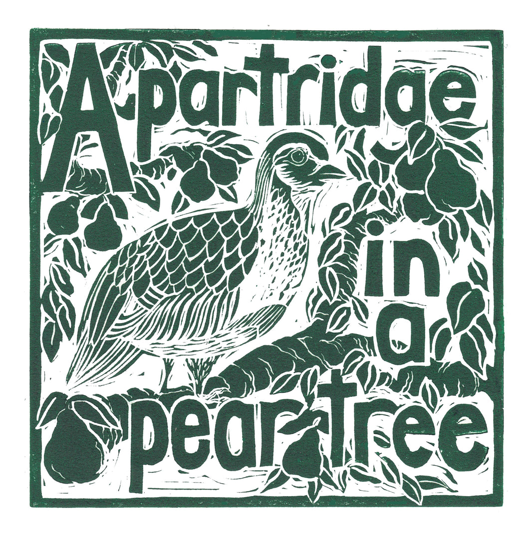 A Partridge in a pear tree greetings card lino cut by Kate Guy