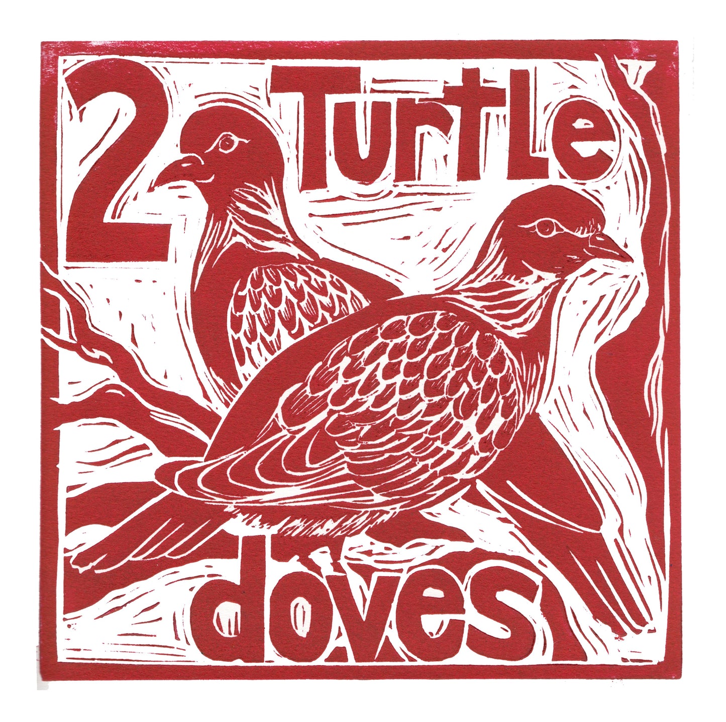Two Turtle Doves Greetings Card Lino cut by Kate Guy
