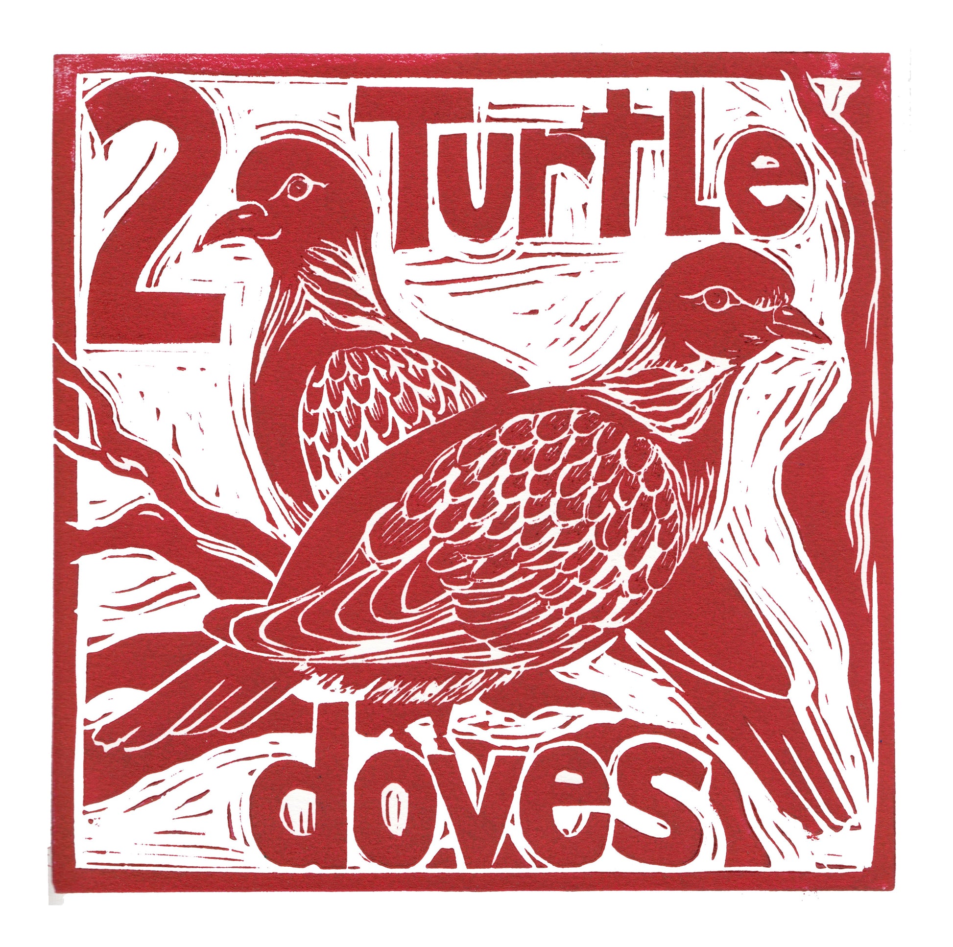Two Turtle Doves Greetings Card Lino cut by Kate Guy