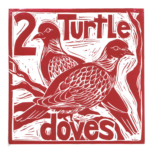 Two Turtle Doves Greetings Card Lino cut by Kate Guy