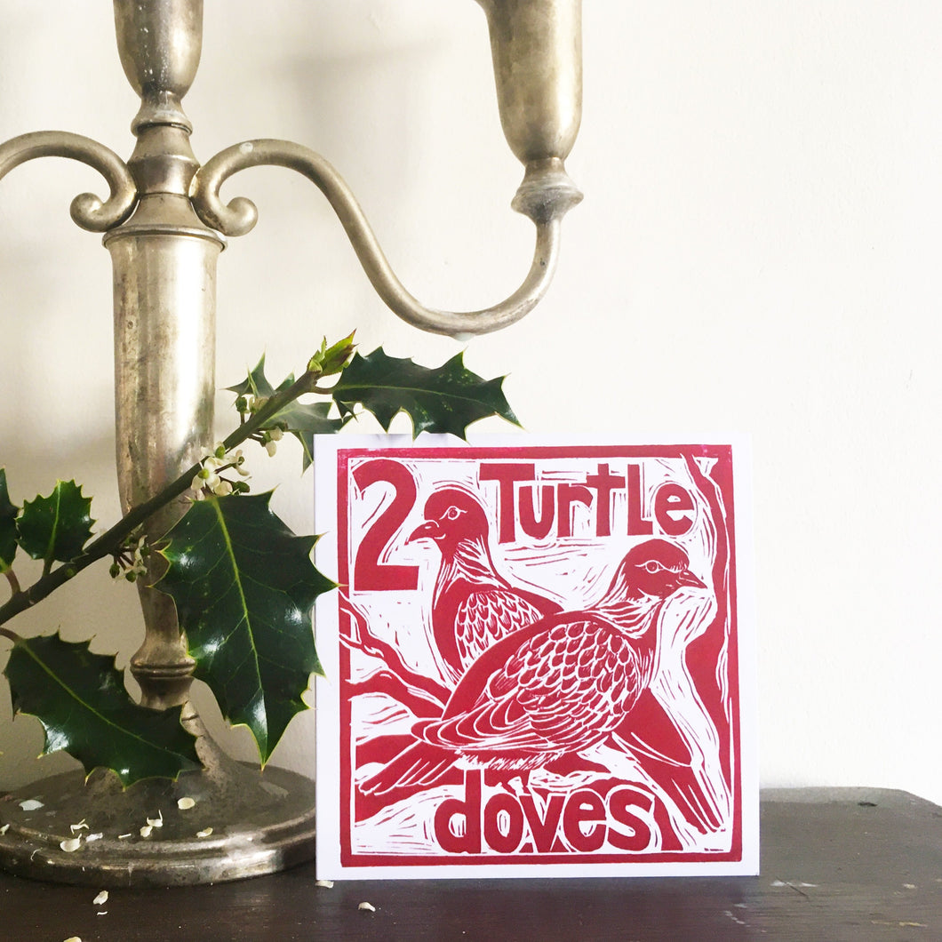 Two Turtle Doves Greetings Card Lino cut by Kate Guy