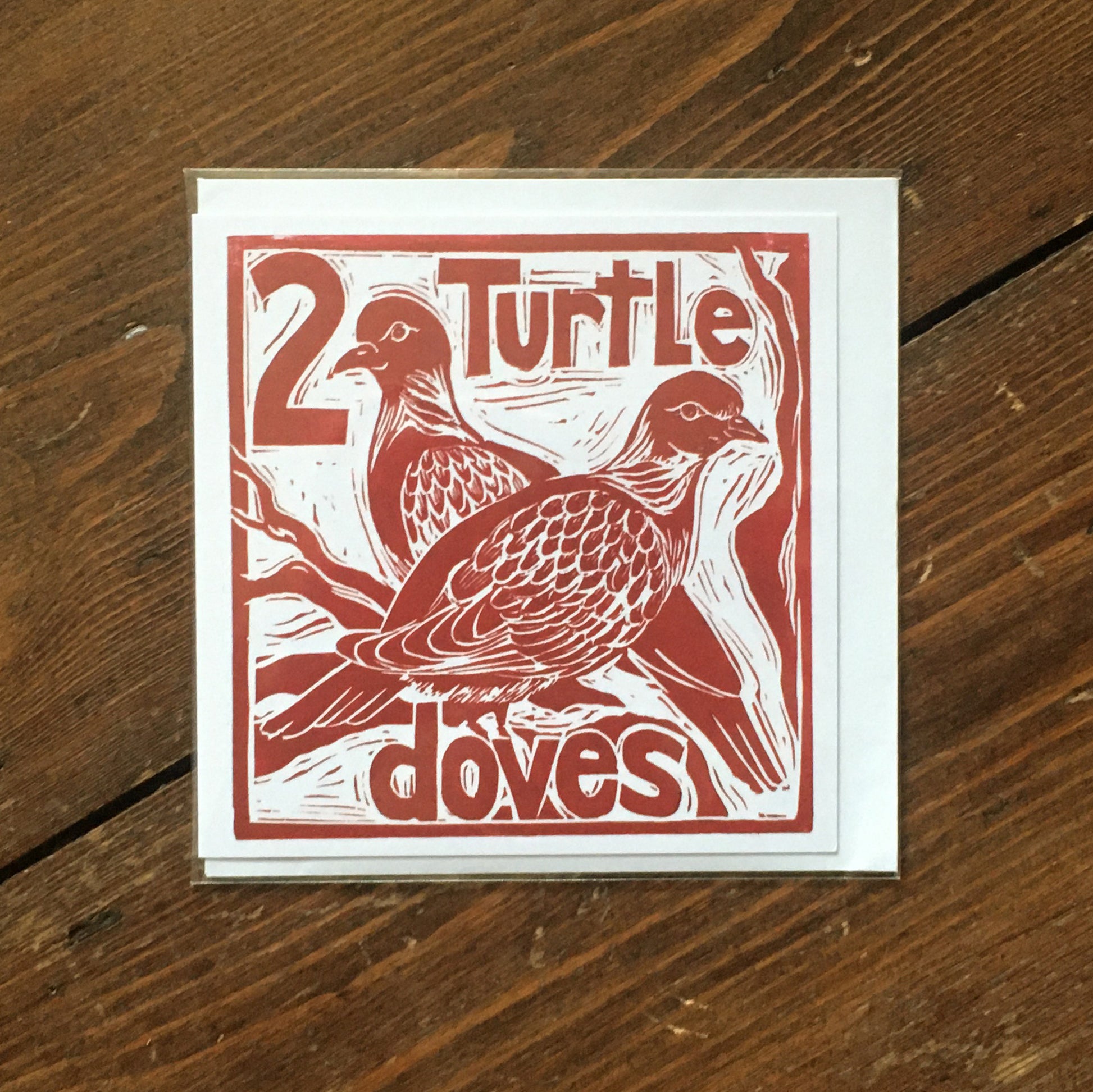 Two Turtle Doves Greetings Card Lino cut by Kate Guy