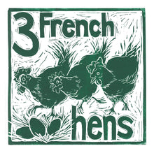Load image into Gallery viewer, Three French Hens Greetings Card lino cut by Kate Guy
