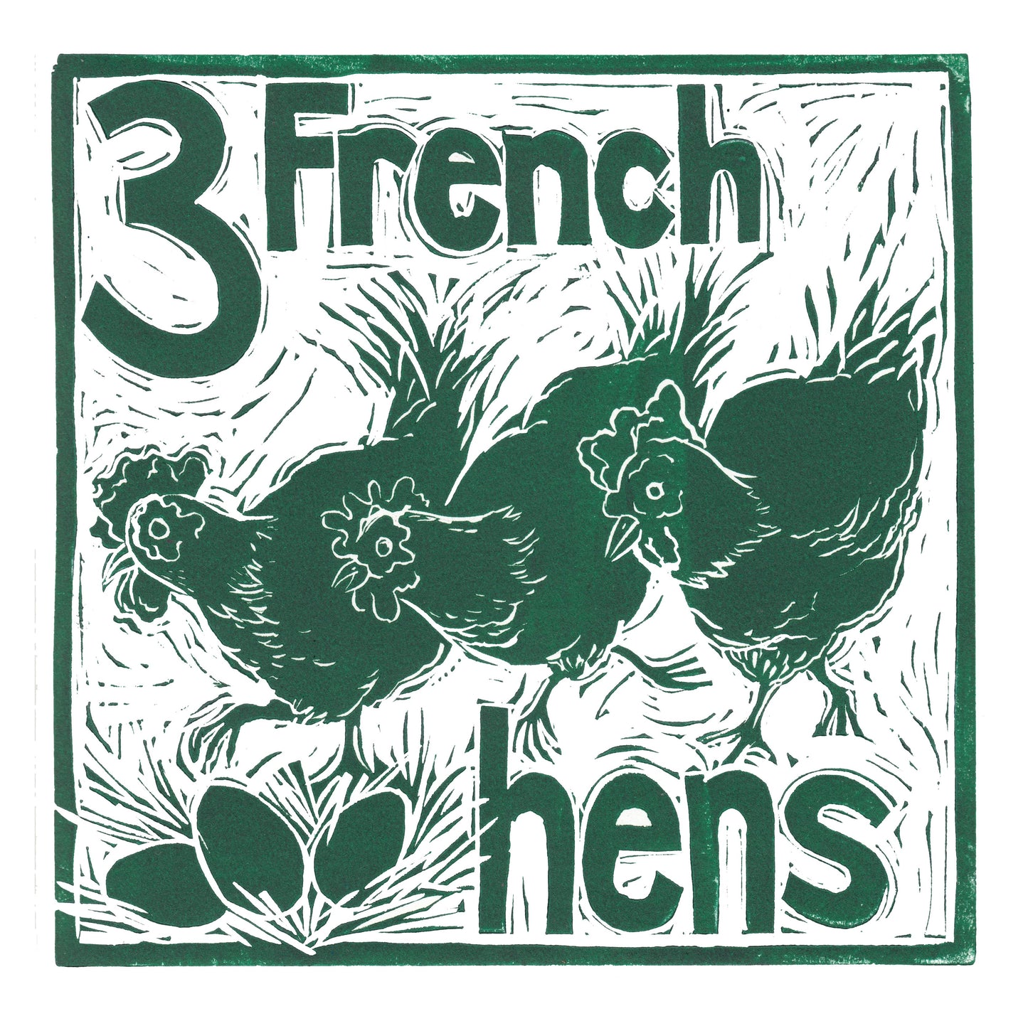 Three French Hens Greetings Card lino cut by Kate Guy
