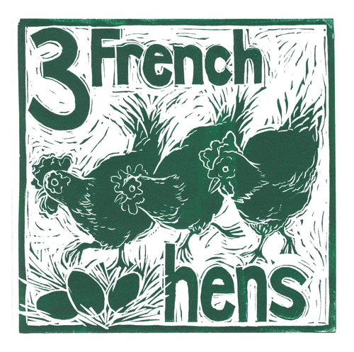 Three French Hens Greetings Card lino cut by Kate Guy