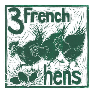 Three French Hens Greetings Card lino cut by Kate Guy