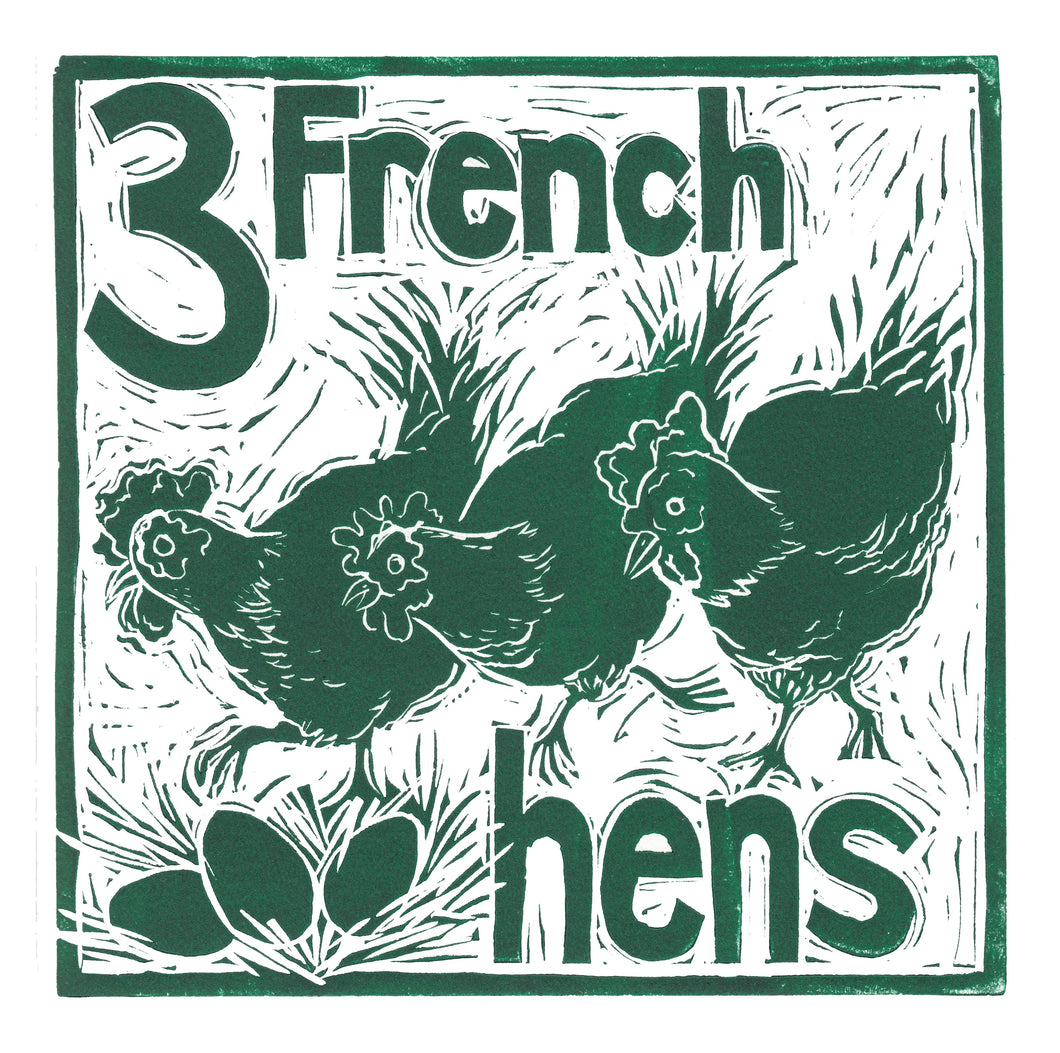 Three French Hens Greetings Card lino cut by Kate Guy