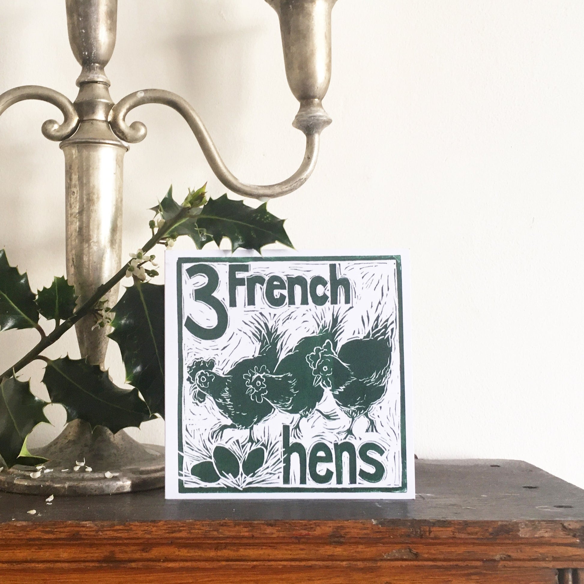 Three French Hens Greetings Card lino cut by Kate Guy