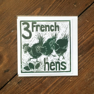 Three French Hens Greetings Card lino cut by Kate Guy