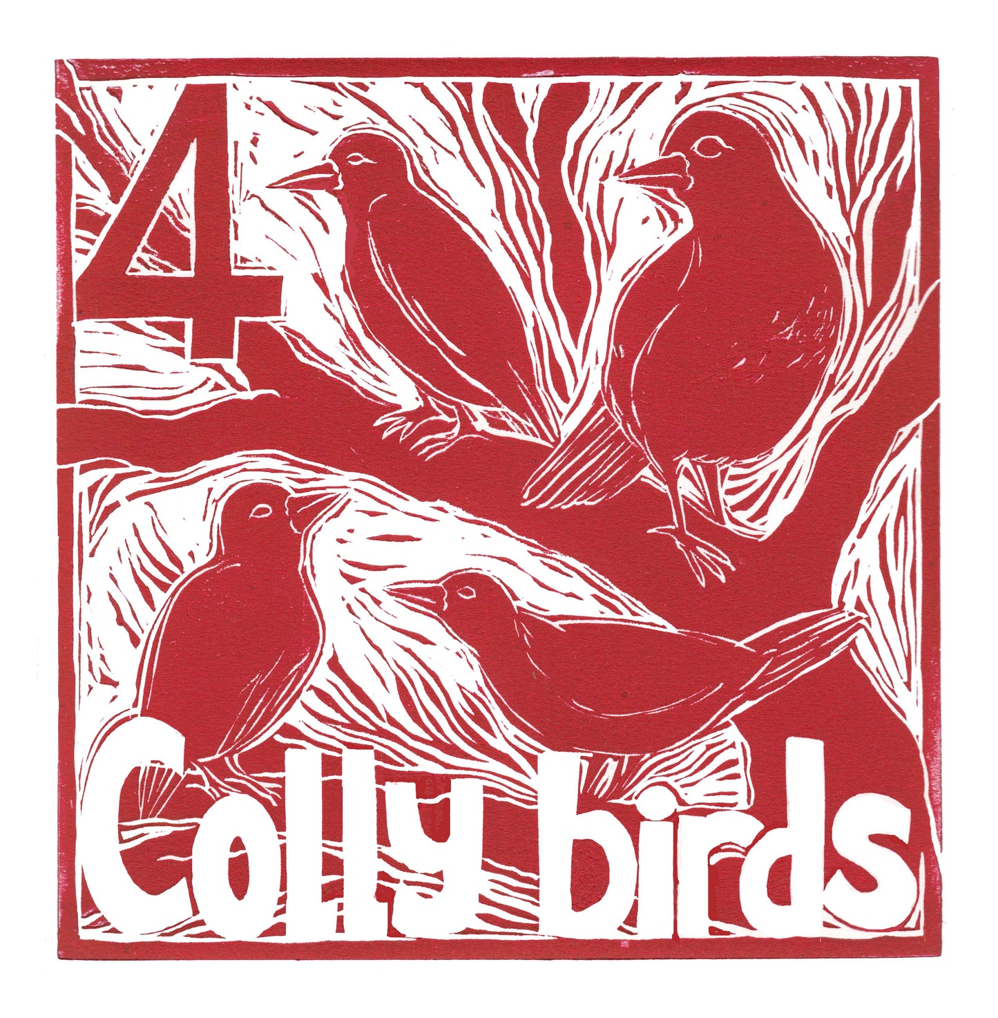 Four Colly Birds Greetings Card lino cut by Kate Guy