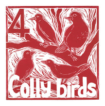 Load image into Gallery viewer, Four Colly Birds Greetings Card lino cut by Kate Guy

