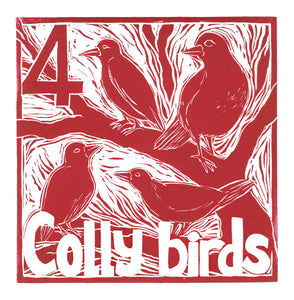Four Colly Birds Greetings Card lino cut by Kate Guy