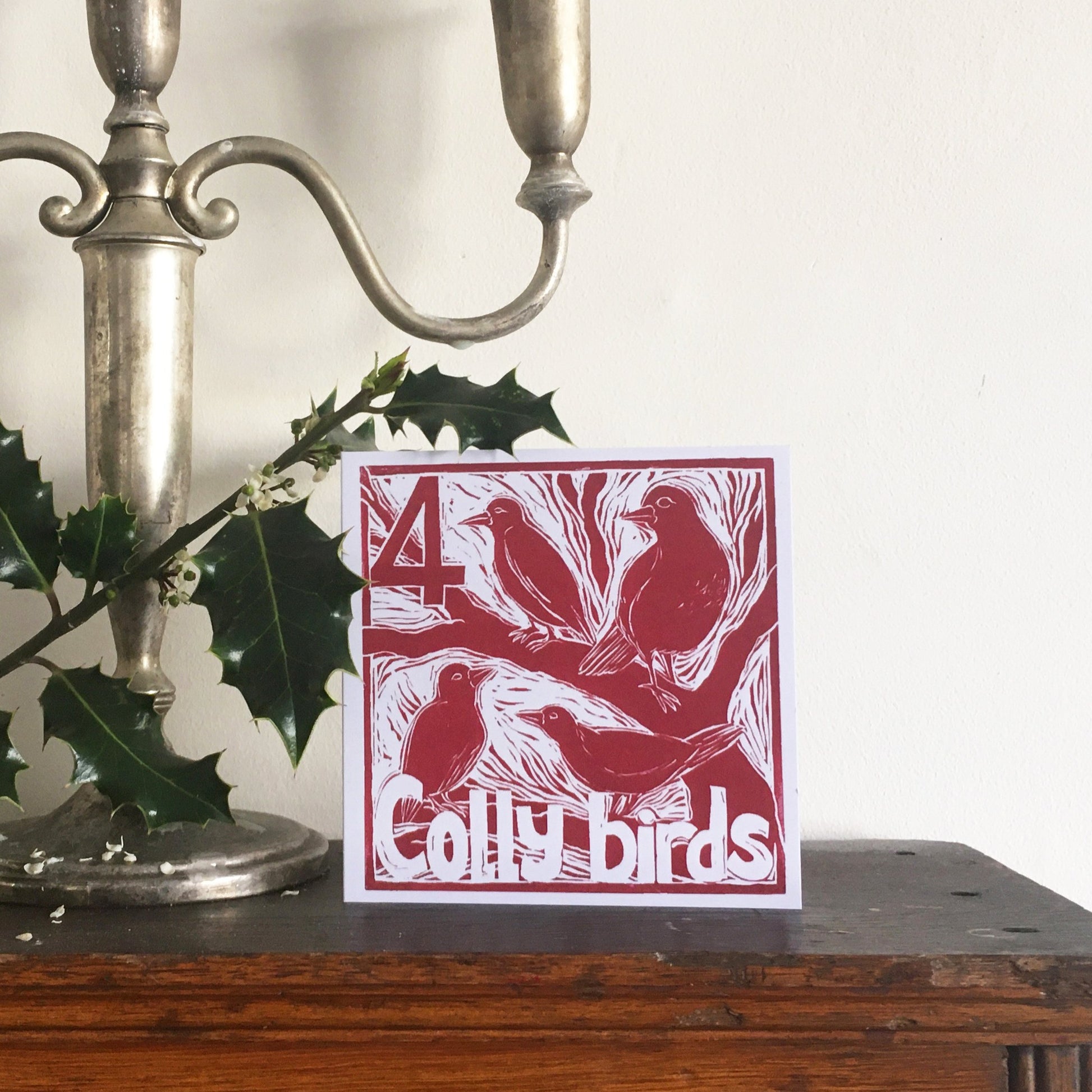 Four Colly Birds Greetings Card lino cut by Kate Guy