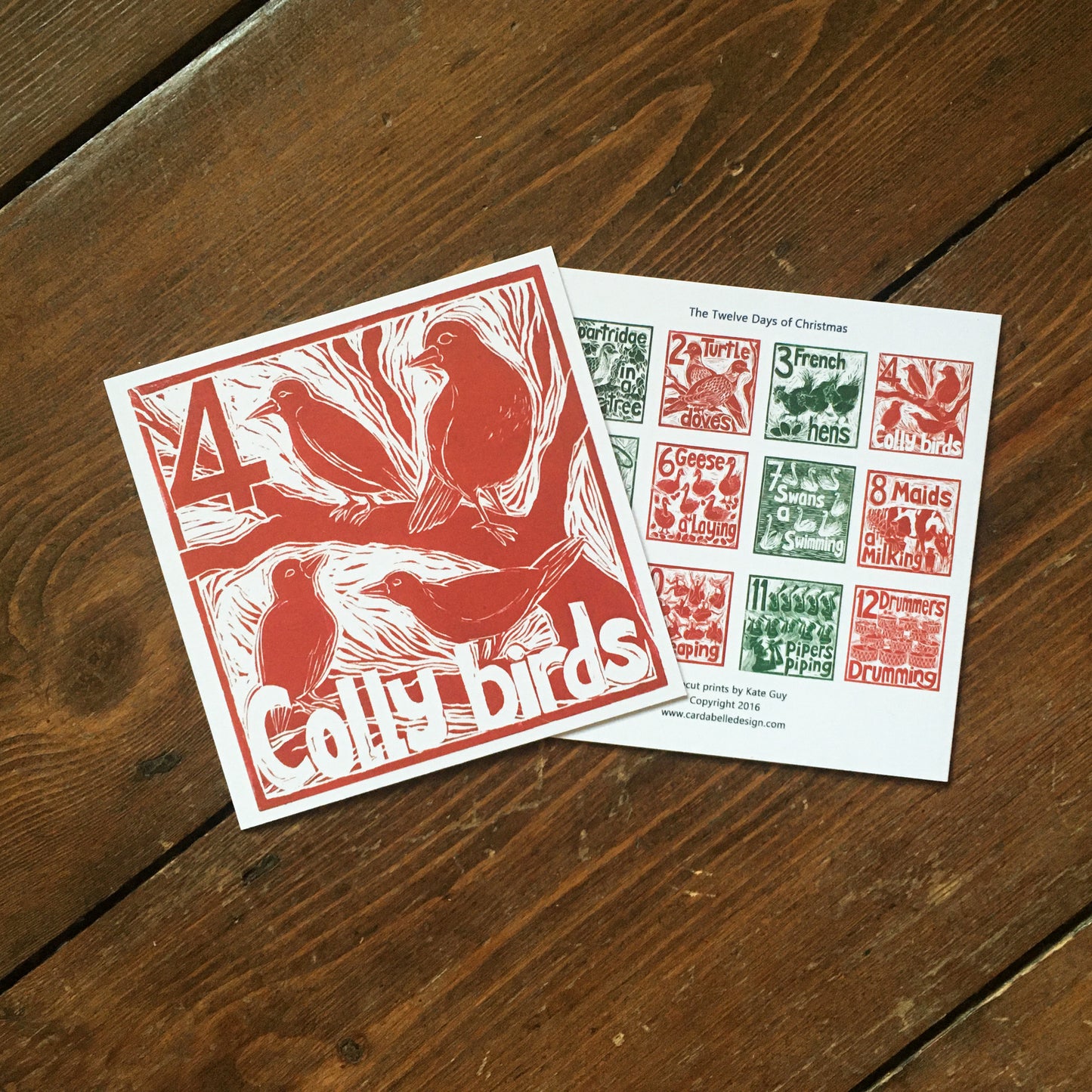 Four Colly Birds Greetings Card lino cut by Kate Guy