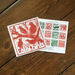 Four Colly Birds Greetings Card lino cut by Kate Guy