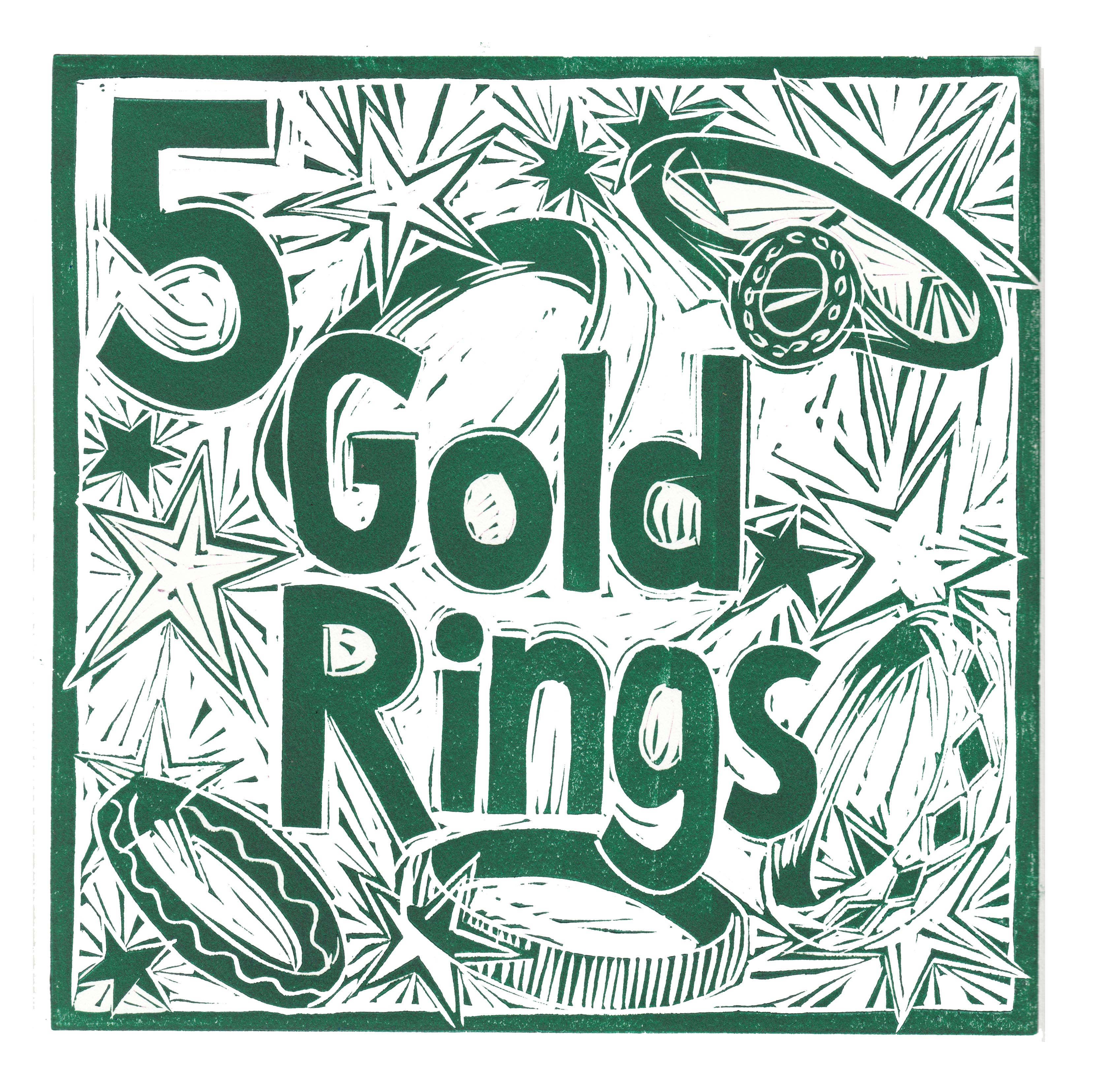 Five Gold Rings Greetings Card – Kate Guy Prints