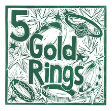 Load image into Gallery viewer, Five Gold Rings Greetings Card lino cut by Kate Guy
