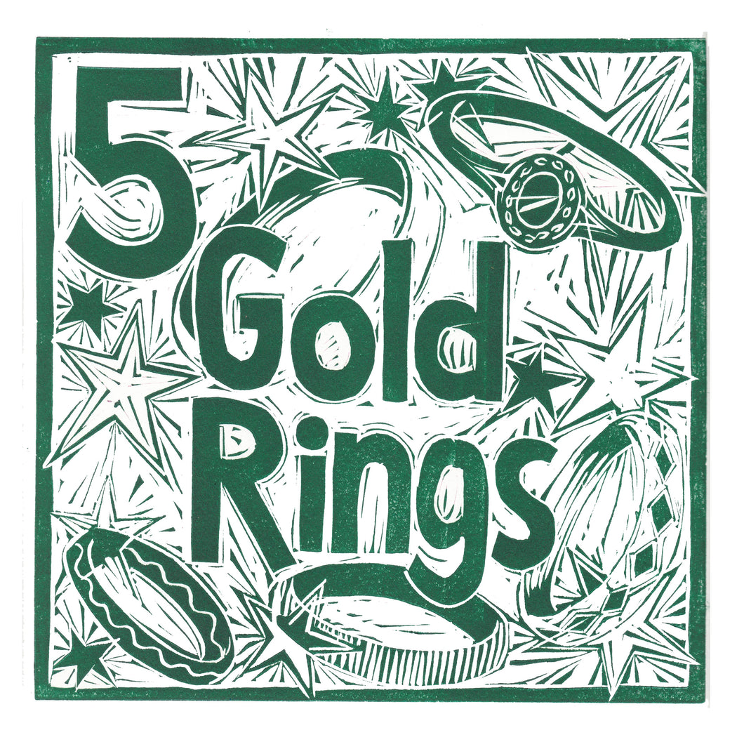 Five Gold Rings Greetings Card lino cut by Kate Guy