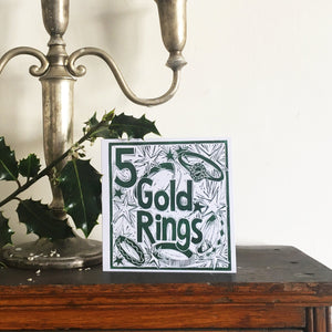 Five Gold Rings Greetings Card lino cut by Kate Guy
