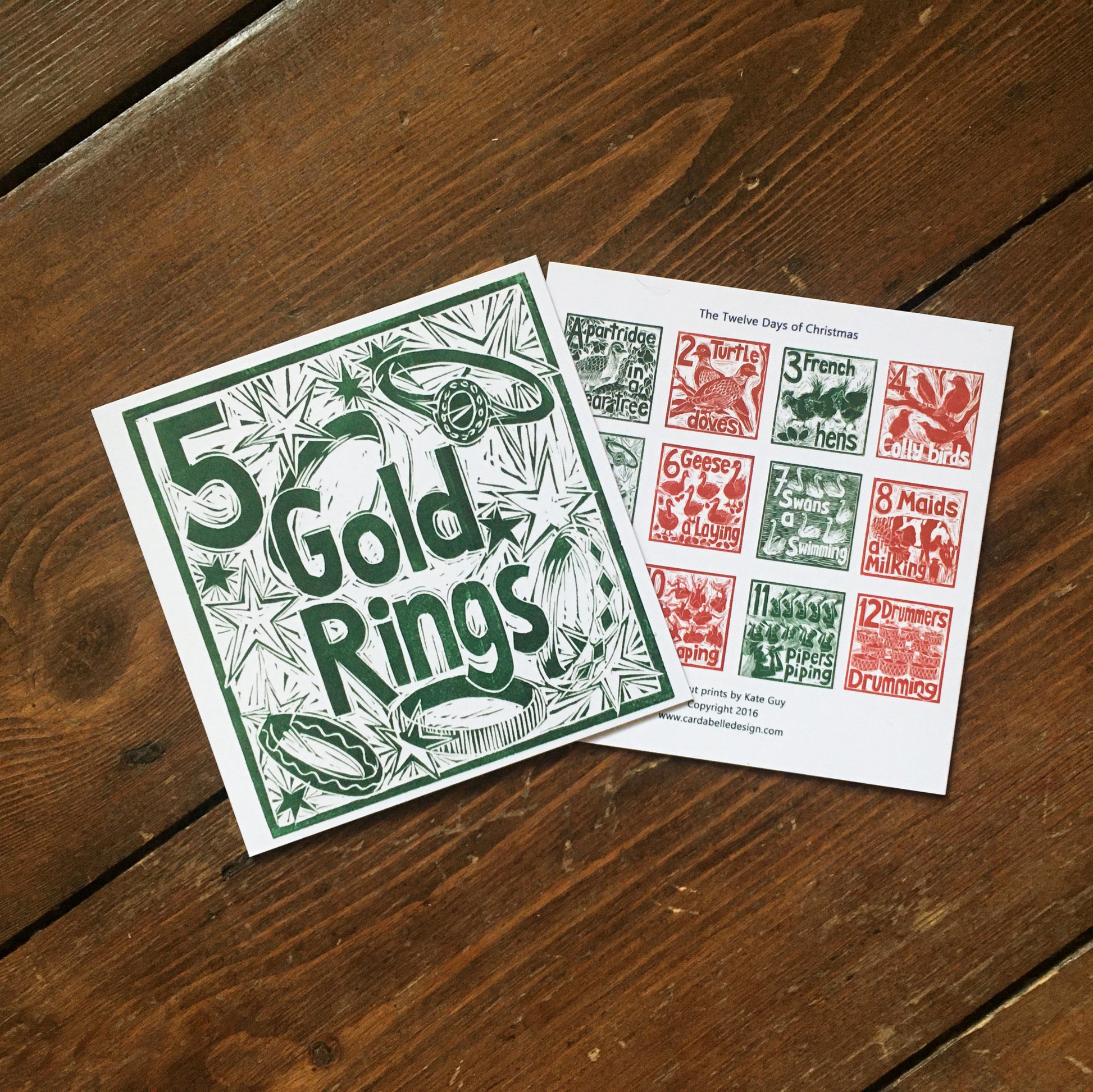 Five Gold Rings Greetings Card lino cut by Kate Guy
