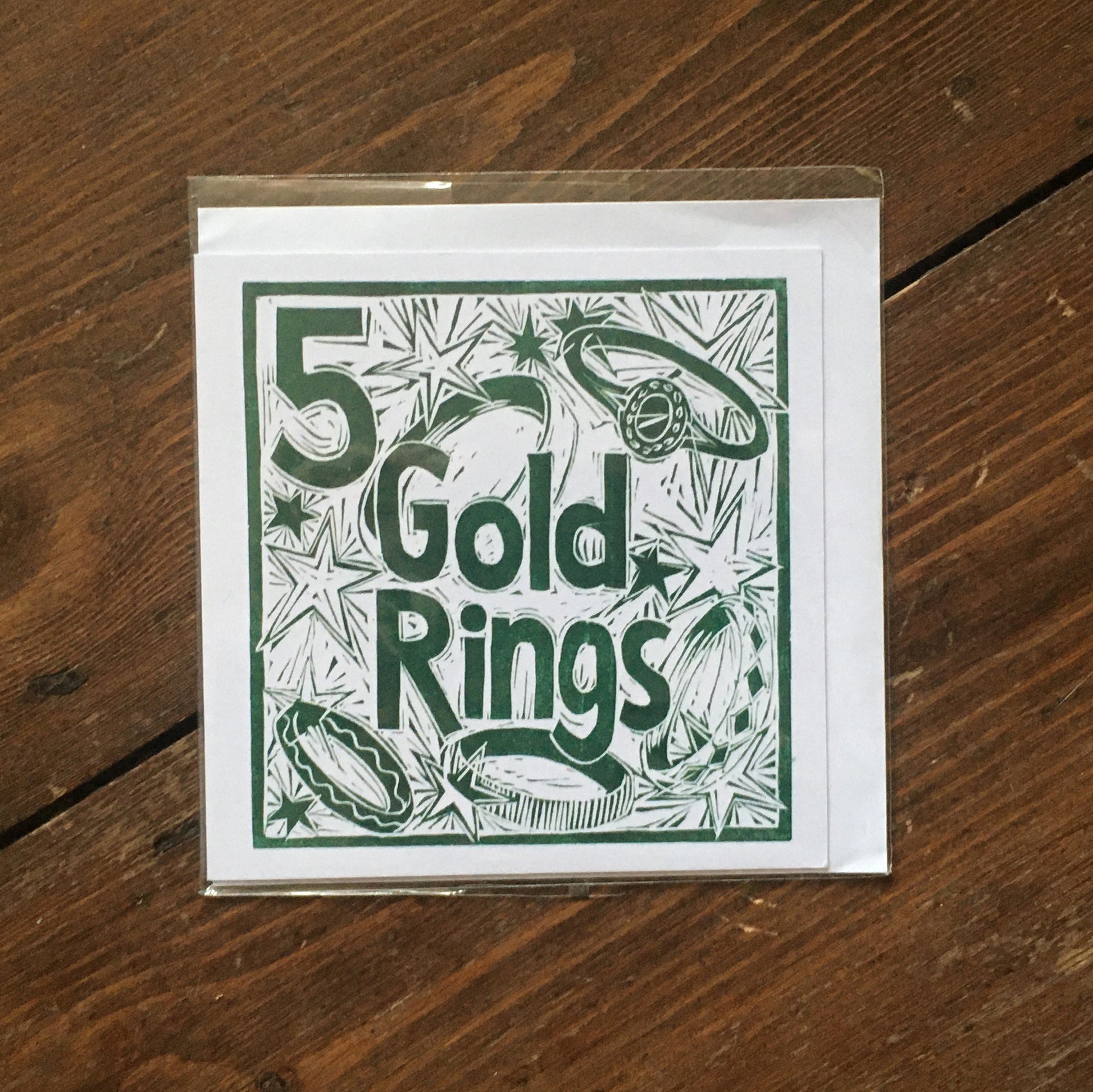 Five Gold Rings Greetings Card lino cut by Kate Guy