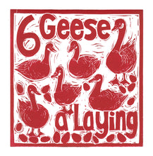 Load image into Gallery viewer, Six Geese a Laying Greetings Card lino cut by Kate Guy
