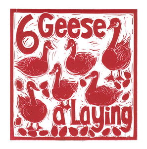 Six Geese a Laying Greetings Card lino cut by Kate Guy