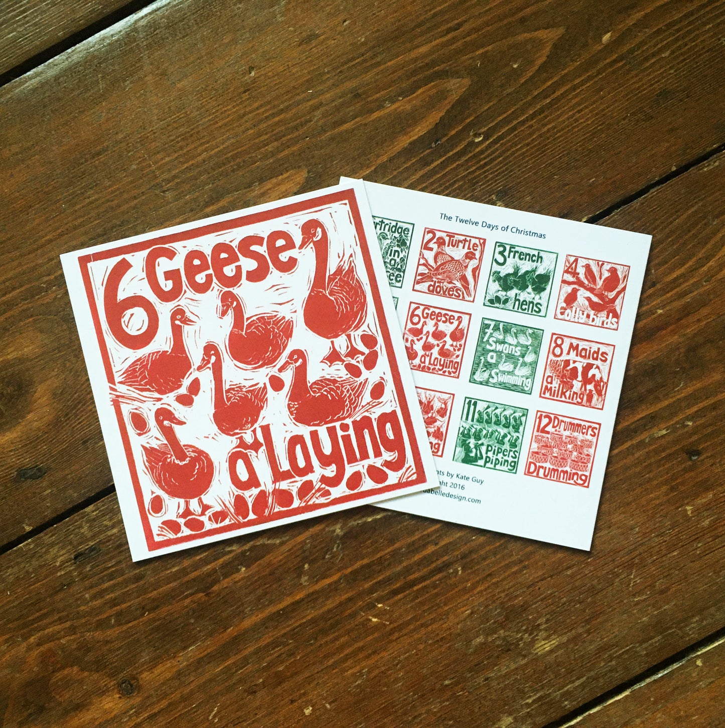 Six Geese a Laying Greetings Card lino cut by Kate Guy
