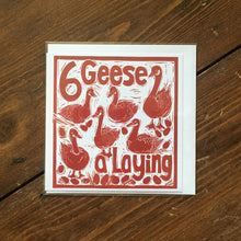 Load image into Gallery viewer, Six Geese a Laying Greetings Card lino cut by Kate Guy
