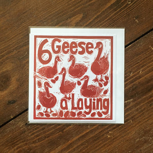Six Geese a Laying Greetings Card lino cut by Kate Guy
