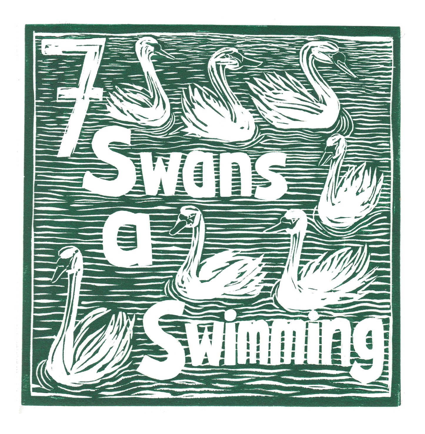 Seven Swans a Swimming Greetings Card lino cut by Kate Guy