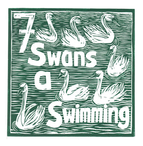 Seven Swans a Swimming Greetings Card lino cut by Kate Guy
