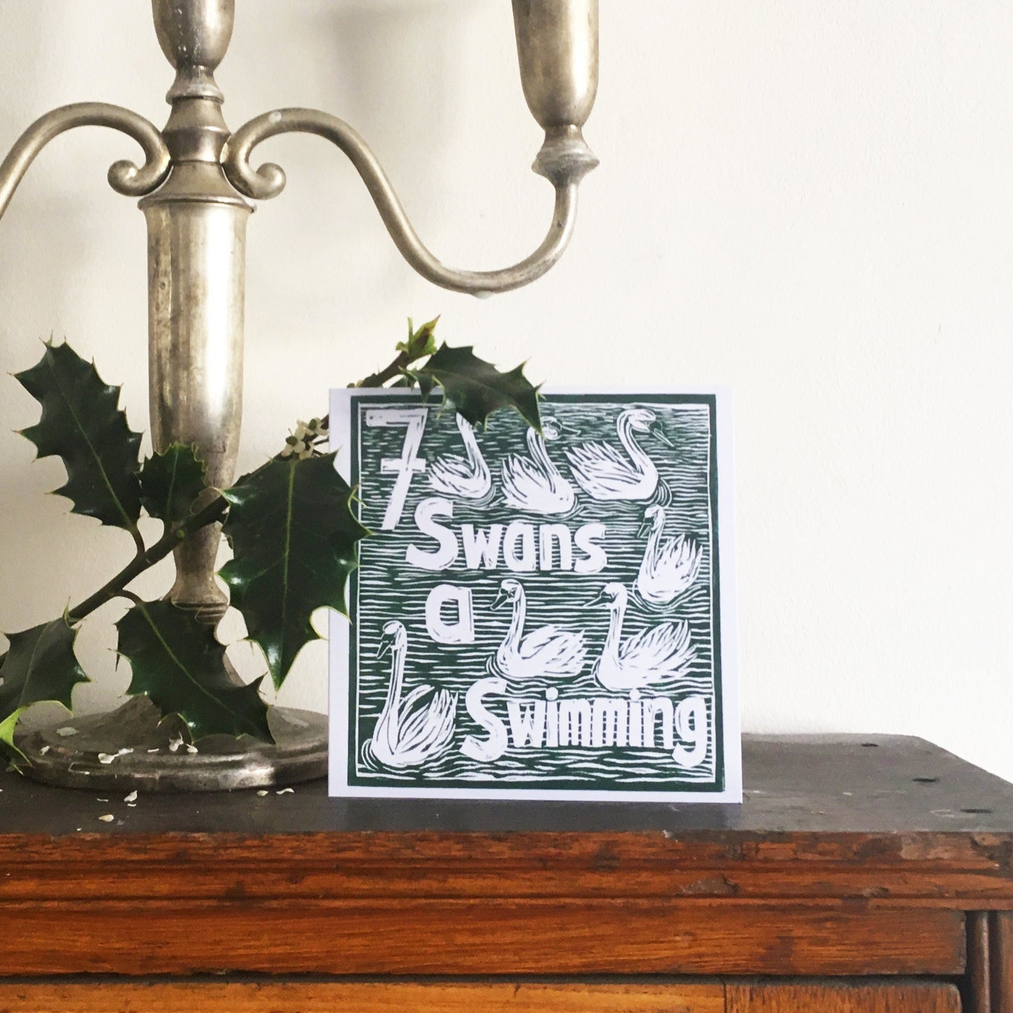 Seven Swans a Swimming Greetings Card lino cut by Kate Guy