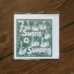 Seven Swans a Swimming Greetings Card lino cut by Kate Guy
